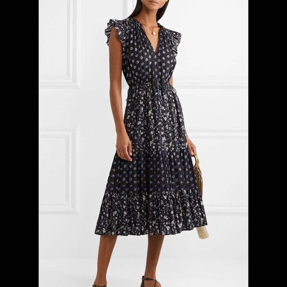 Ulla Johnson Black Cotton Floral Midi Dress sz 2